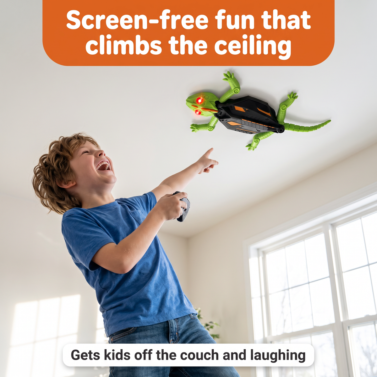 Boy laughing at the gecko climbing the ceiling