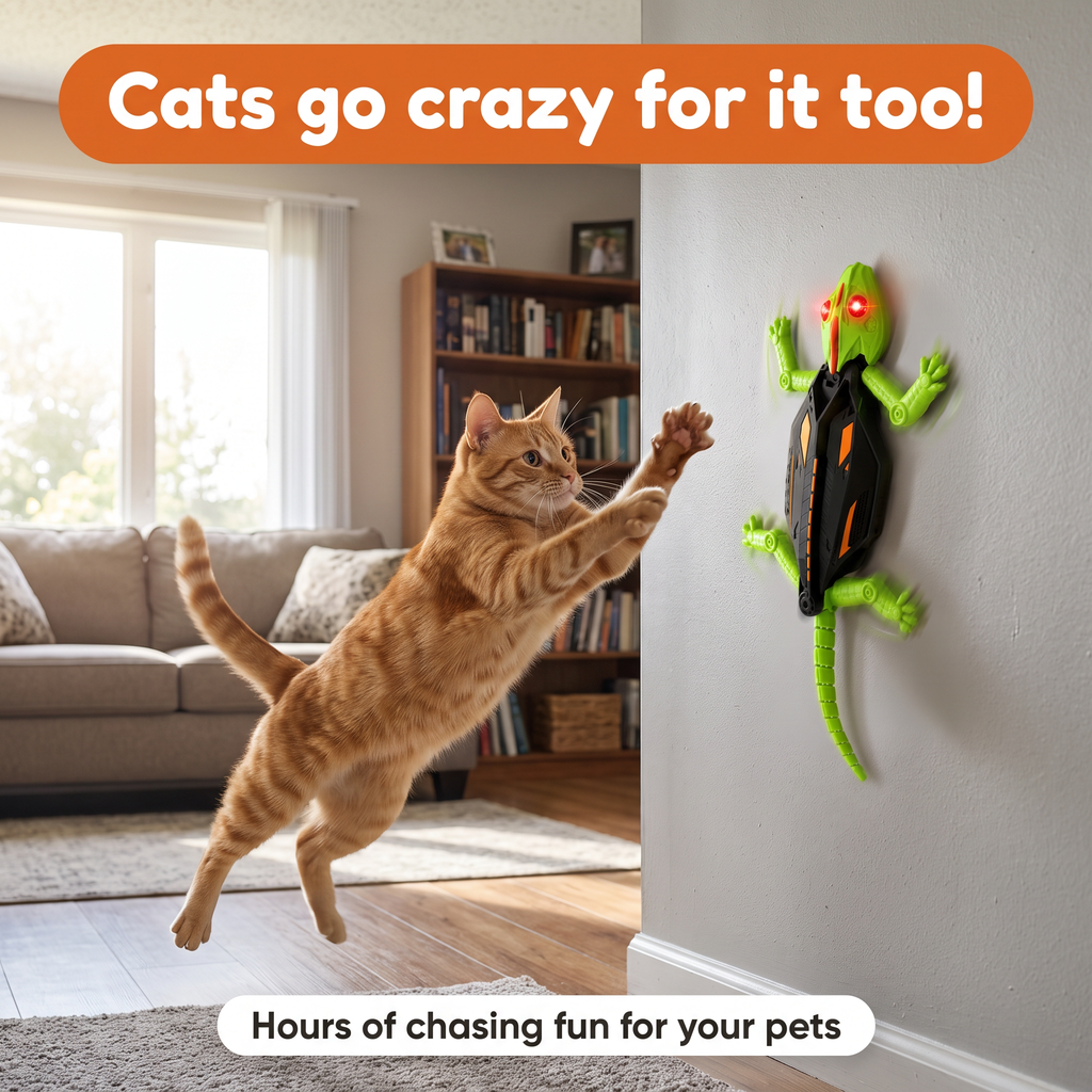 Orange cat jumping at the wall-climbing gecko: cats go crazy for it too