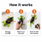 How it works: charge via USB, place it on the wall, drive it with the remote