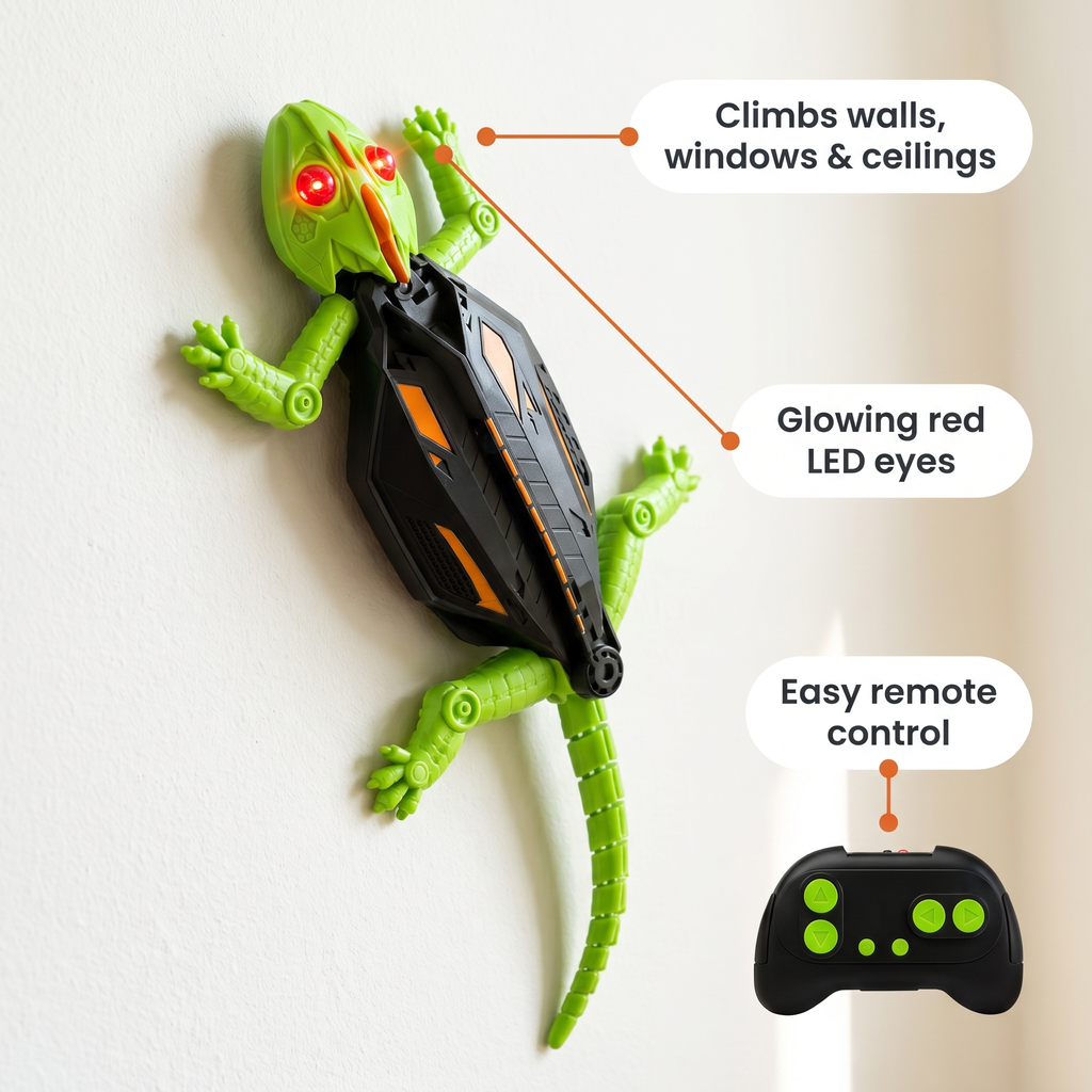 Wall-climbing gecko toy: climbs walls, windows and ceilings, glowing red LED eyes, easy remote control